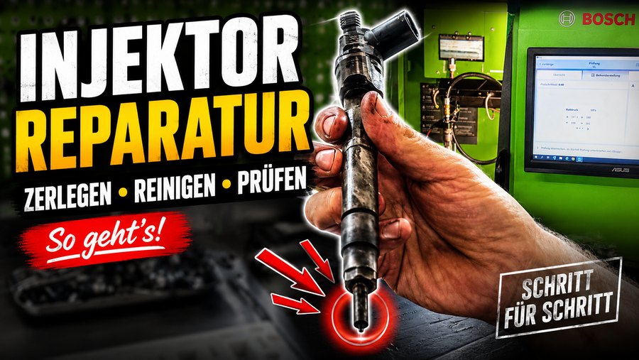 Vorschaubild des Videos: ein Injektor in der Hand vor dem Bosch-Prüfstand