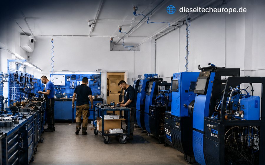Werkstatt von DieselTech Europe in Duisburg: drei Techniker an Werkbänken und Prüfständen für Einspritzdüsen